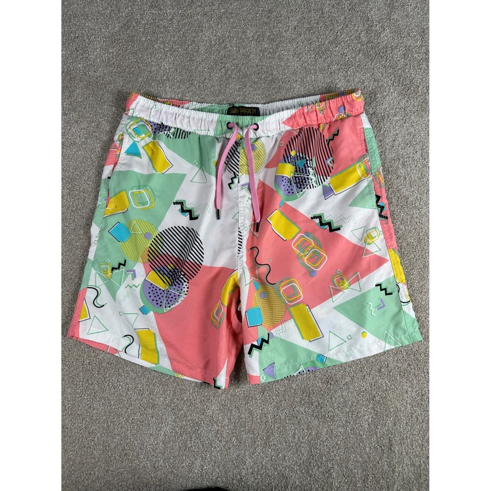 Surf Society Mens XL Swim Trunks Multicolor Geometric Retro 90s Memphis Design